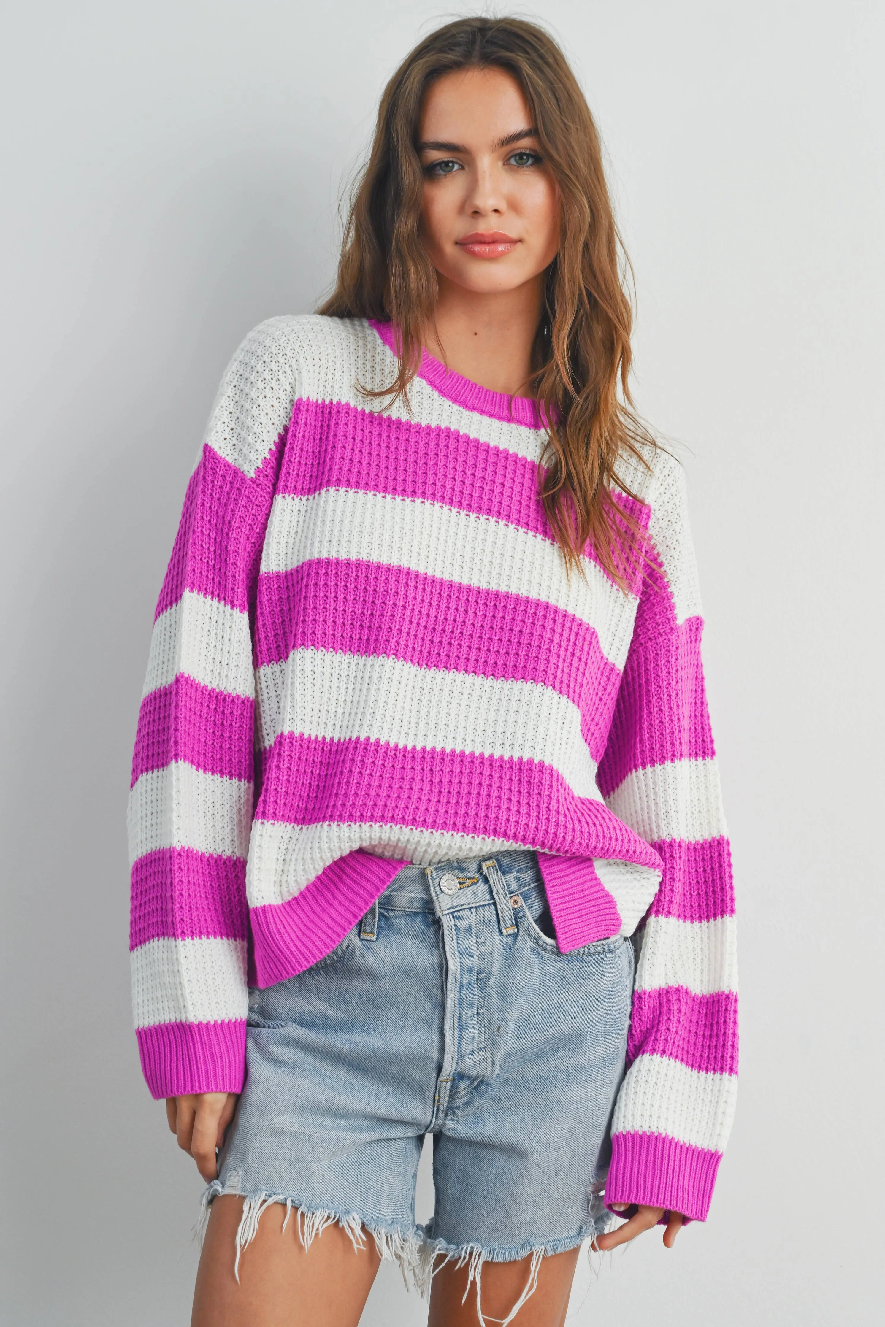 STRIPED ROUND NECK LONG SLEEVE SWEATER