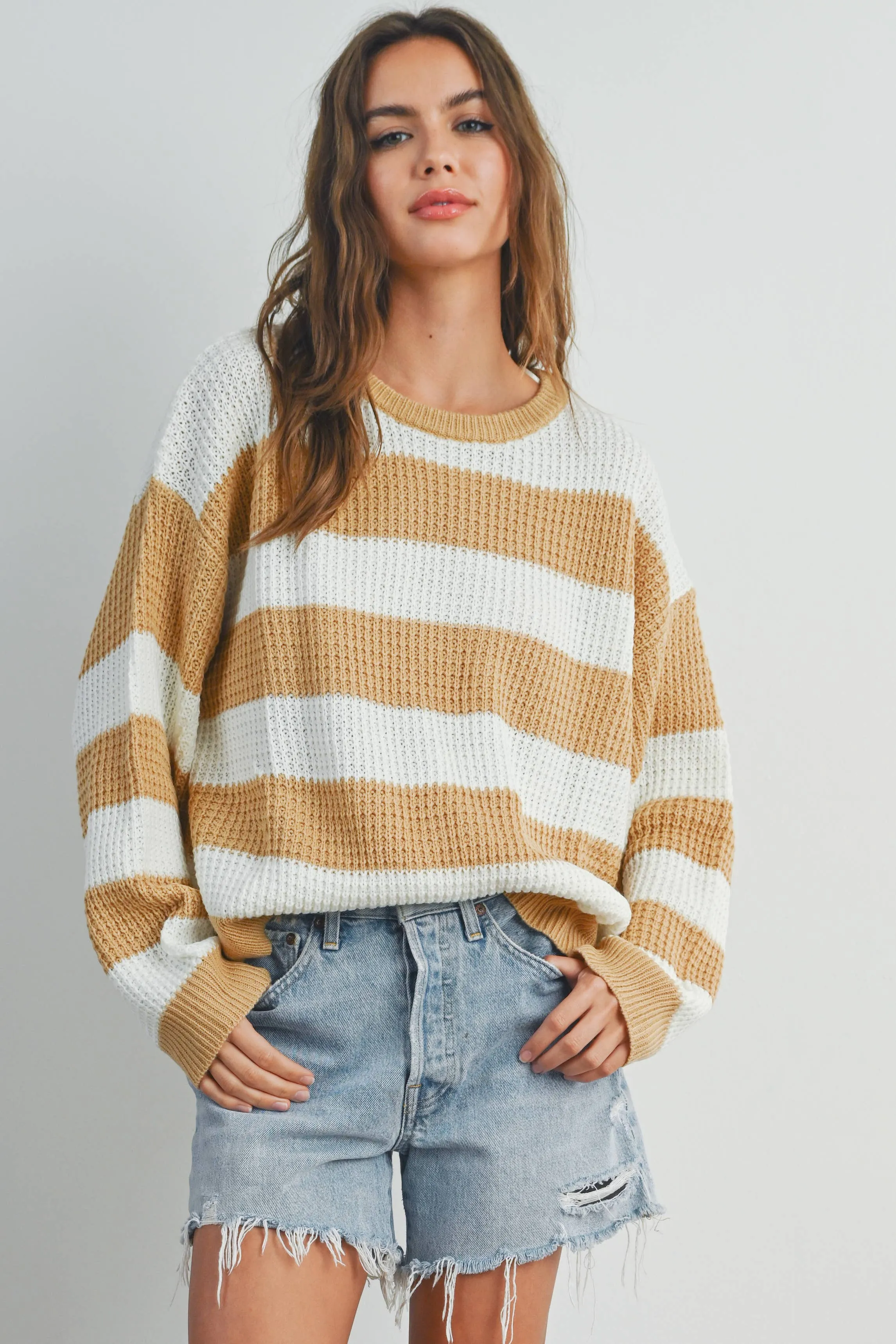 STRIPED ROUND NECK LONG SLEEVE SWEATER