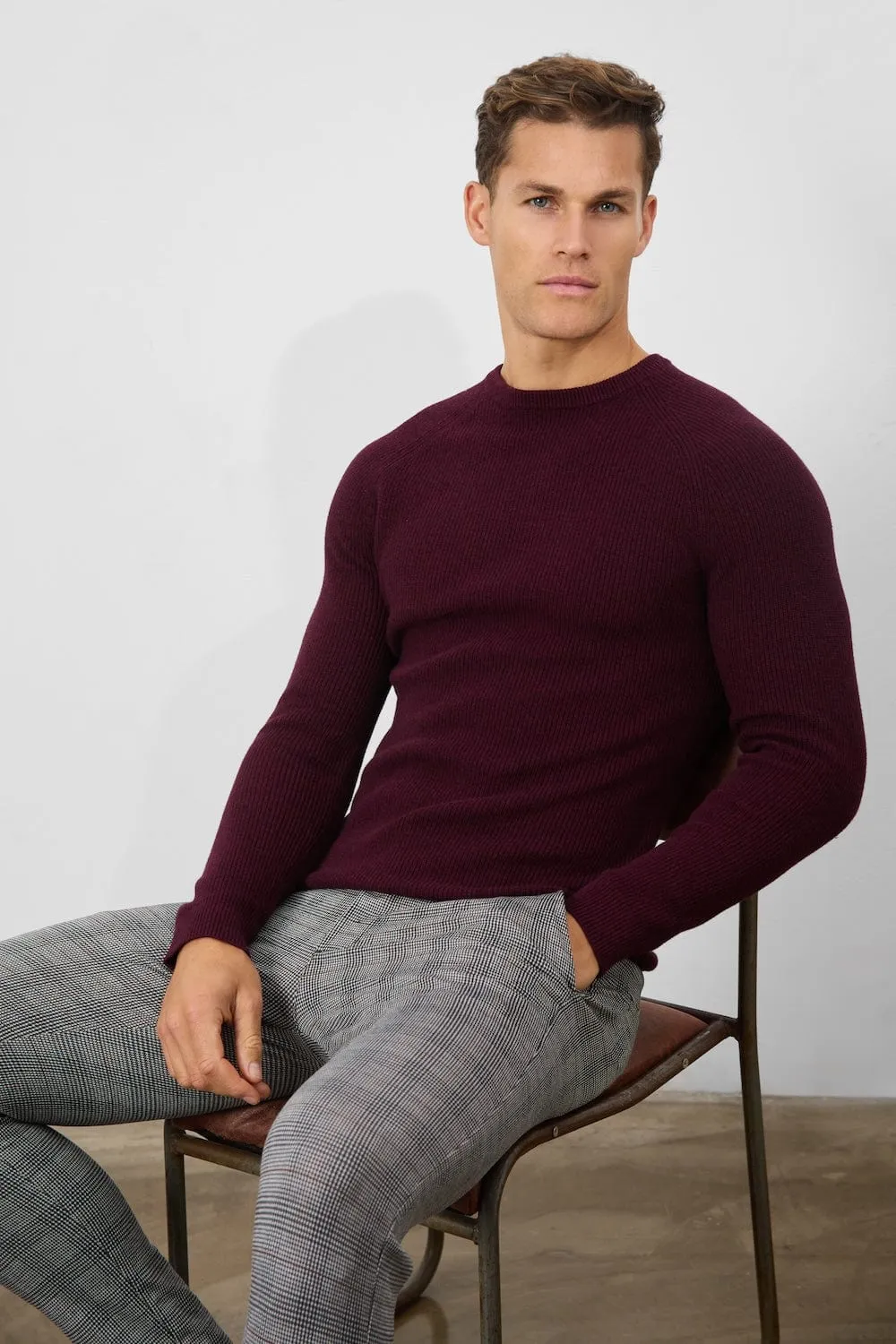 Textured Cotton Crew Neck in Burgundy