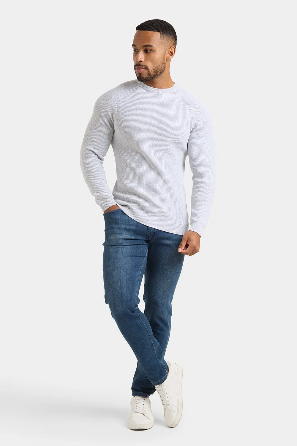 Textured Cotton Crew Neck in Soft Grey Marl