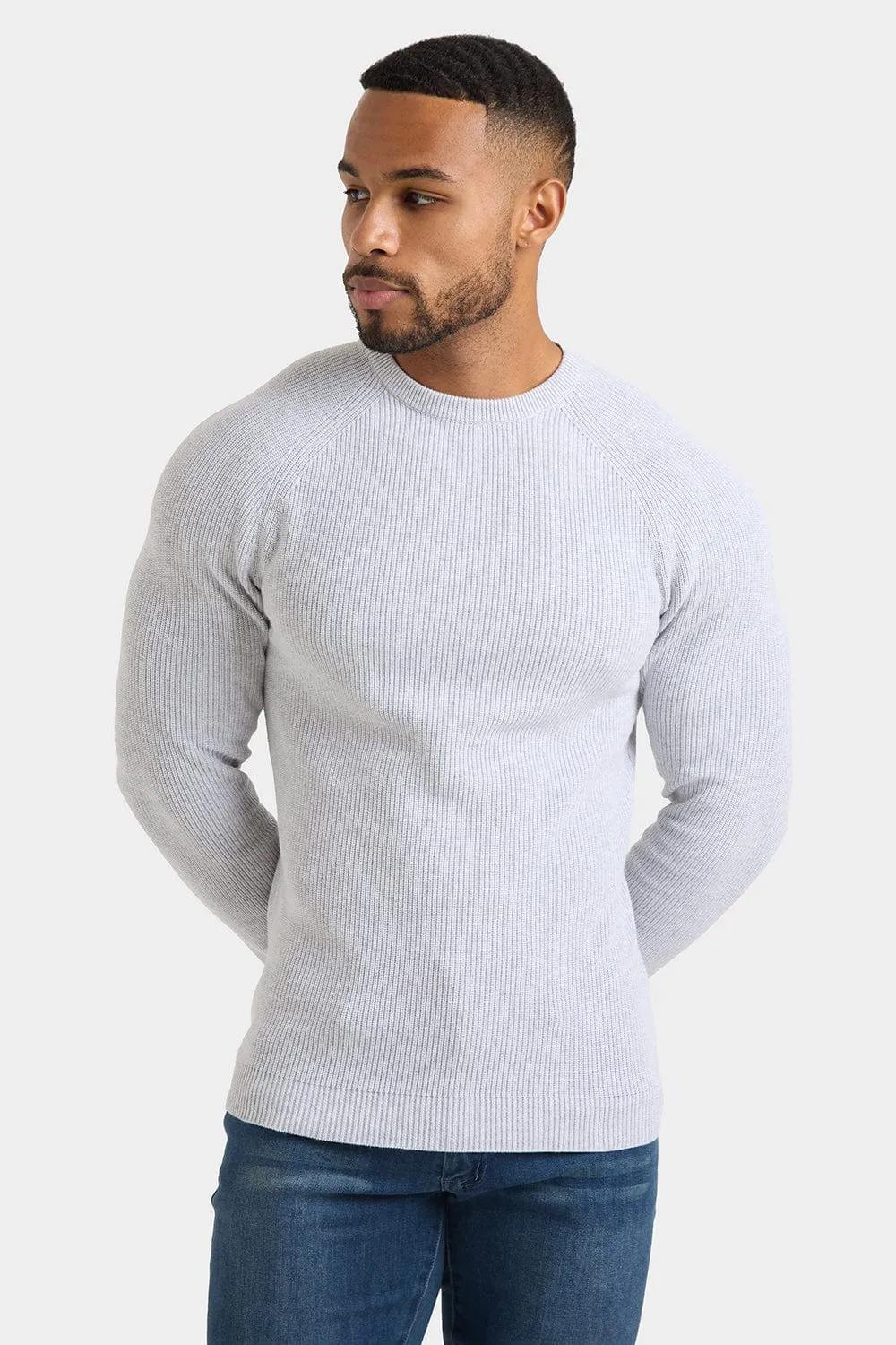 Textured Cotton Crew Neck in Soft Grey Marl