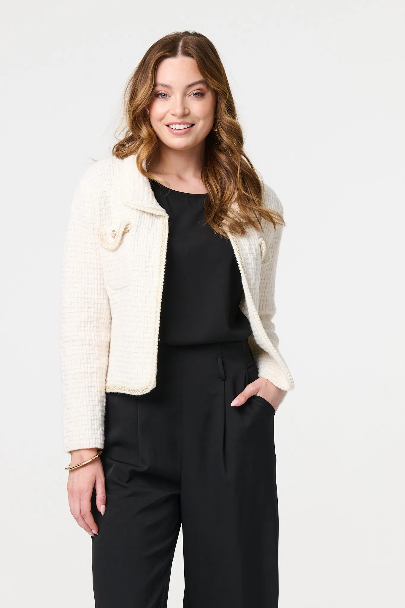 Textured Pocket Detail Crop Knit Jacket