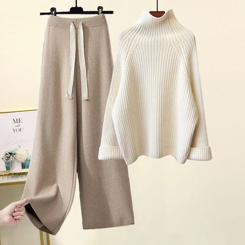 Thickened Coarse Yarn Knitwear Wide Leg Pants Two-piece Set