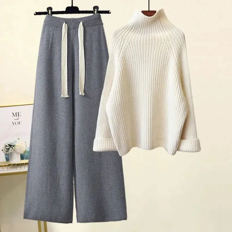 Thickened Coarse Yarn Knitwear Wide Leg Pants Two-piece Set