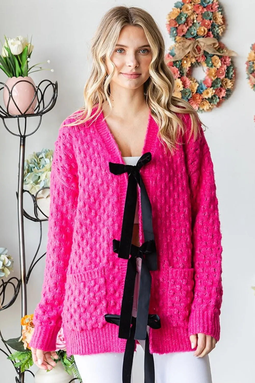 Tie Closure Open Knit Cardigan - Pink