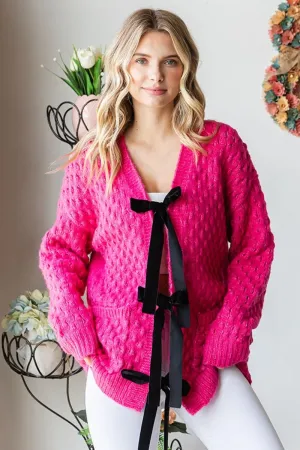 Tie Closure Open Knit Cardigan - Pink