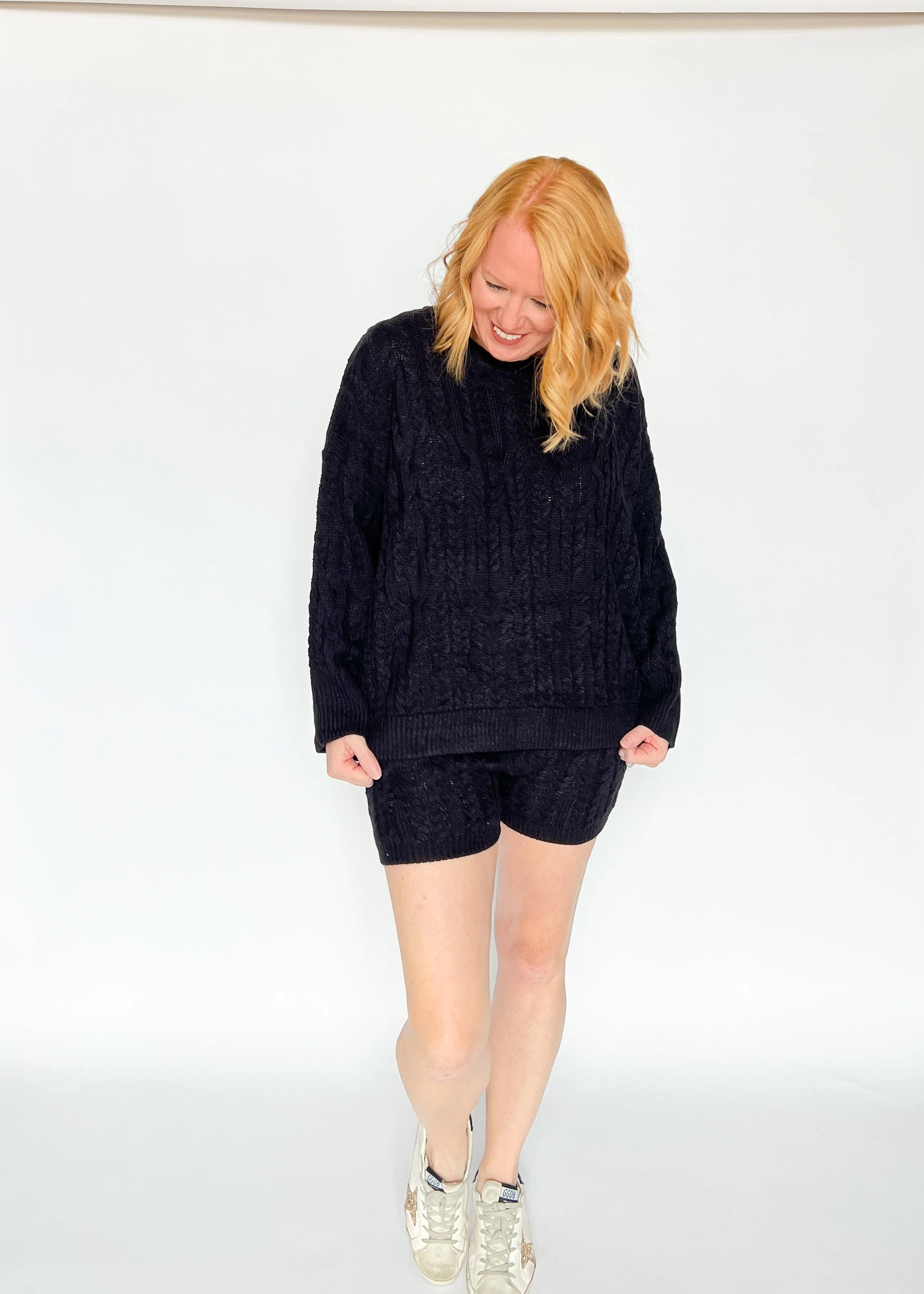 Time Will Tell Cable Knit Sweater Short Set - Black