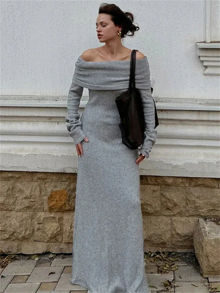 Tossy Off-Shoulder Knit Long Dress Women High Waist Slim Elegant Fashion Pleated Maxi Dress Long Sleeve Backless Knitwear Dress