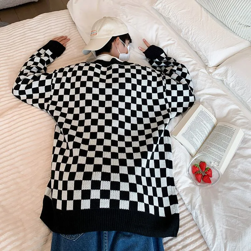 Trendy Color Block Cardigan Knitted Loose Fit Checkerboard Sweater