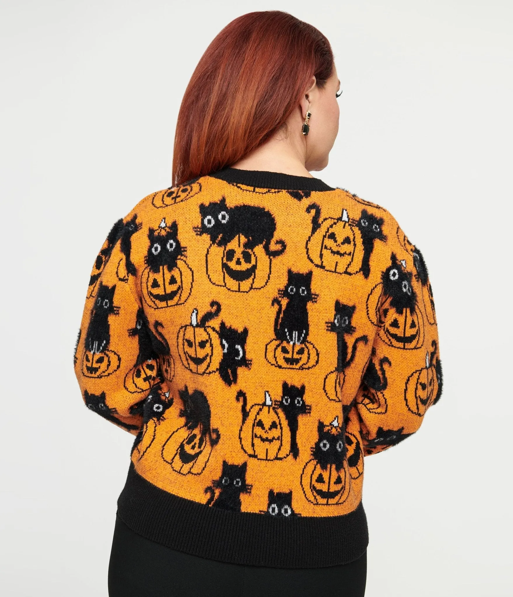 Unique Vintage Orange Pumpkin & Black Cat Print Sweater