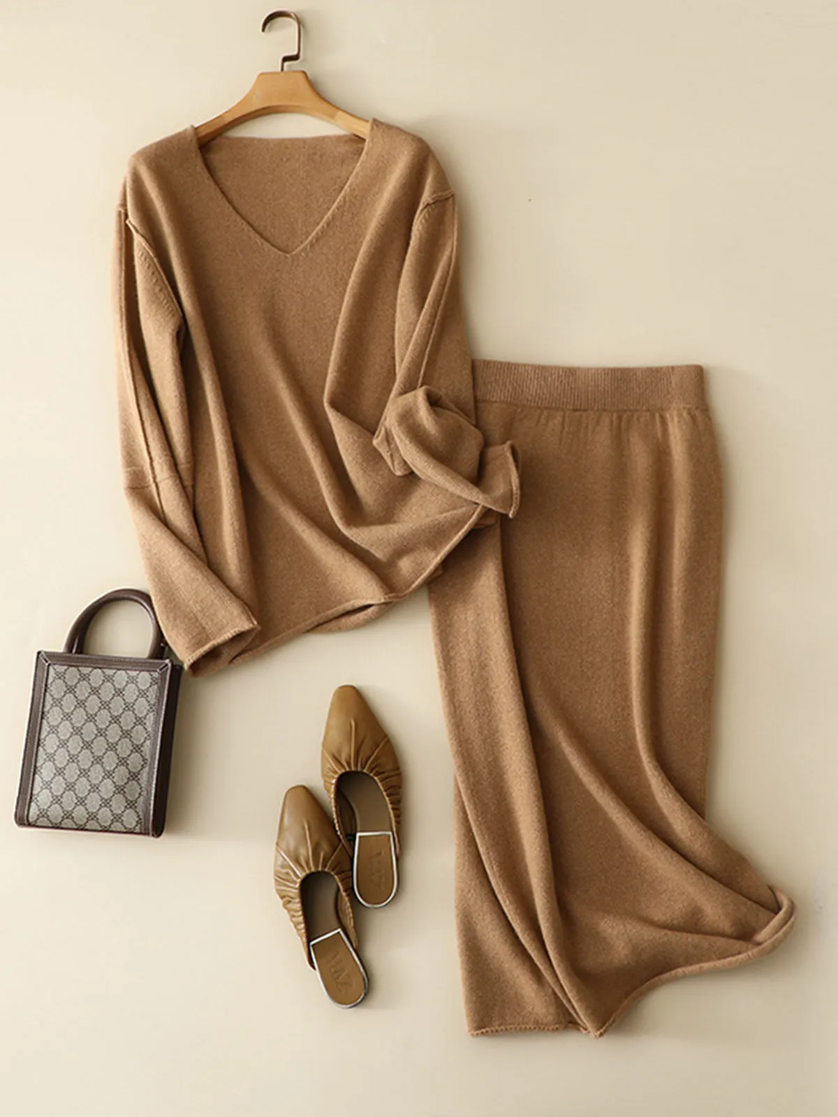 V-neck Cashmere Sweater Midi Skirt Two-Piece Set