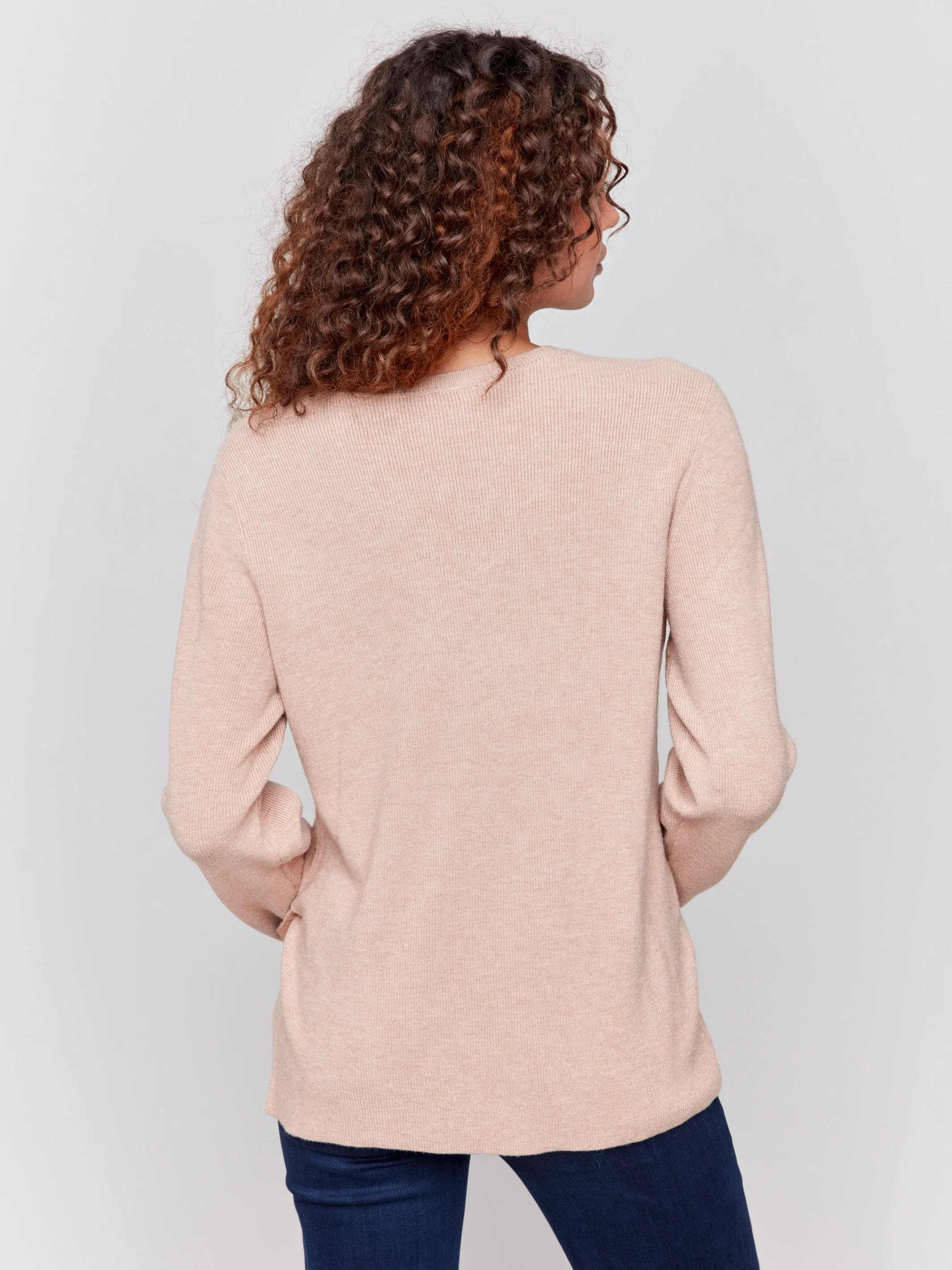 V-Neck Sweater with Grommet Detail - Truffle