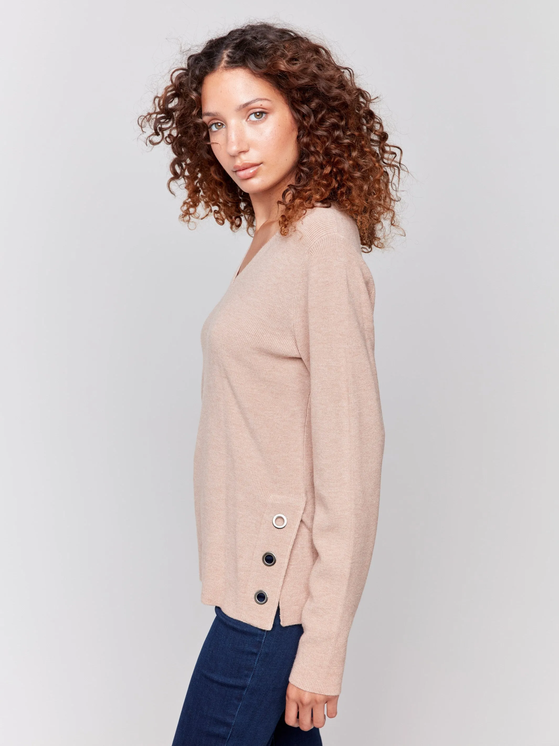 V-Neck Sweater with Grommet Detail - Truffle