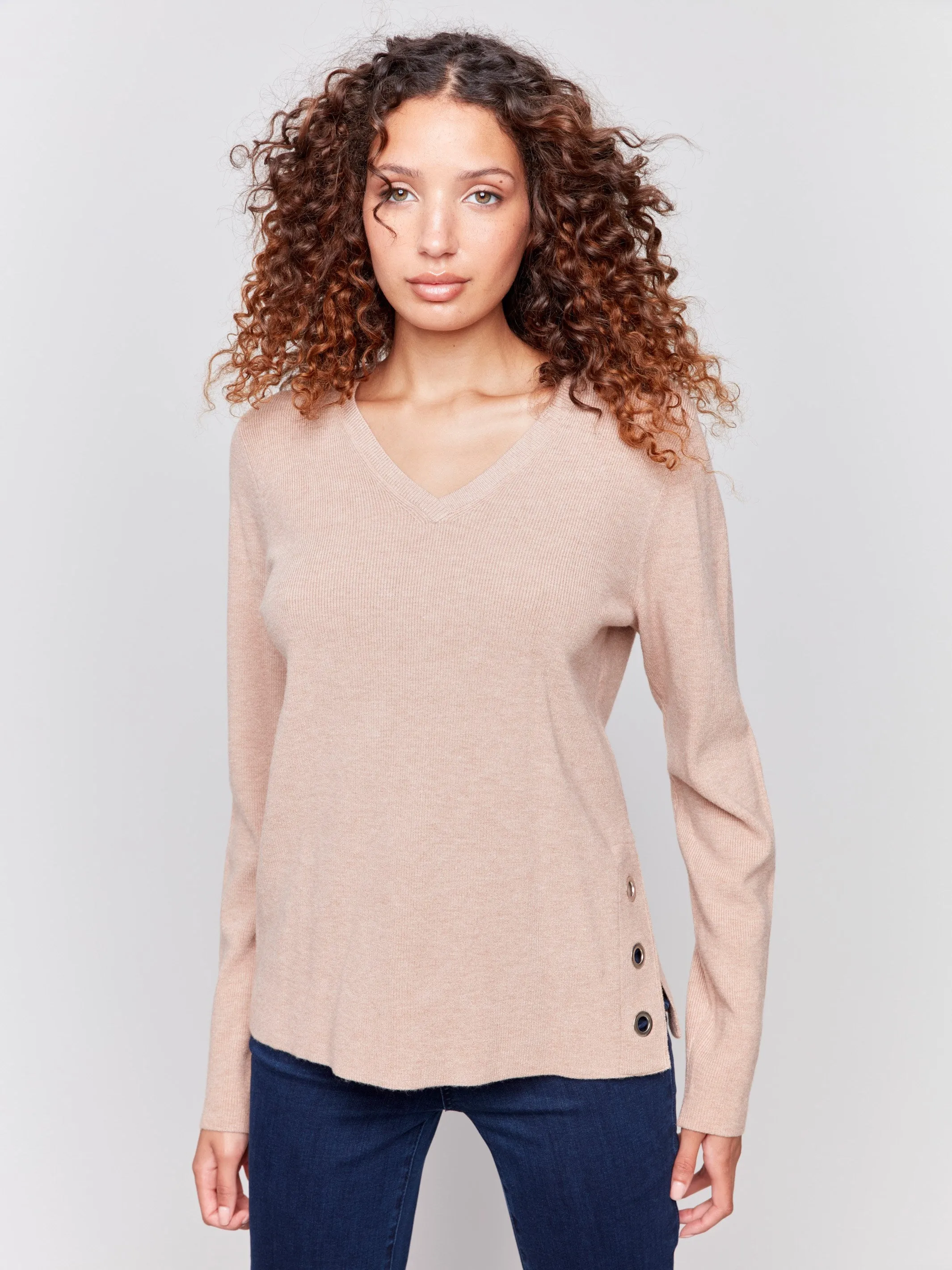 V-Neck Sweater with Grommet Detail - Truffle