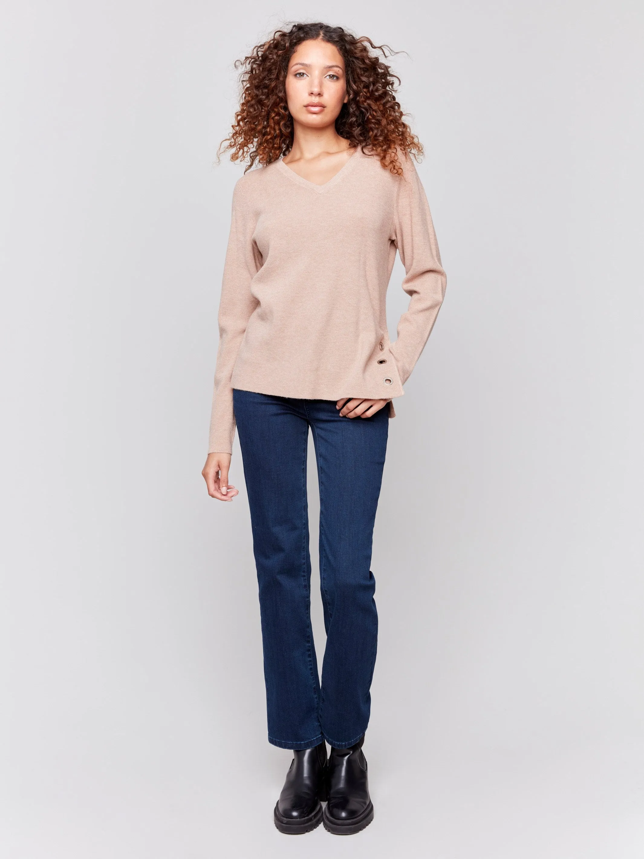 V-Neck Sweater with Grommet Detail - Truffle