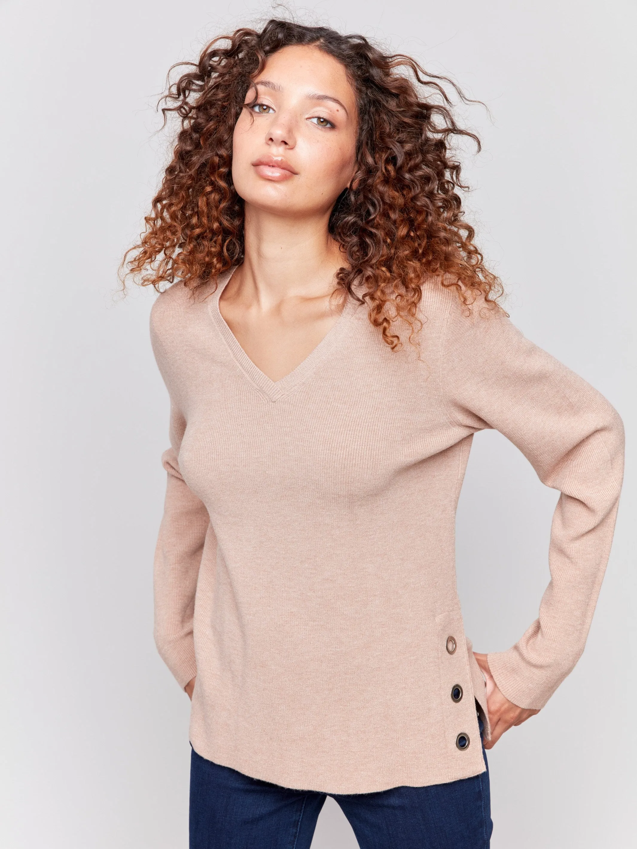 V-Neck Sweater with Grommet Detail - Truffle