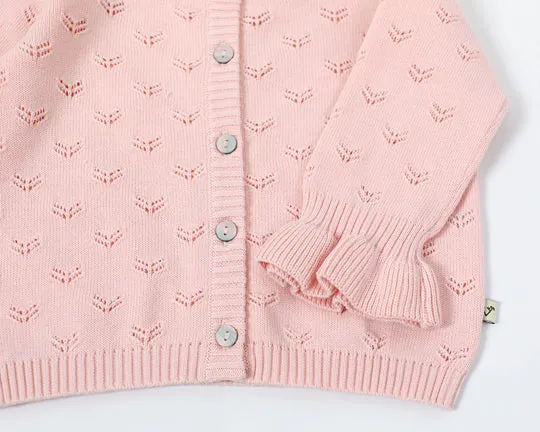 VIV Milan Pointelle Knit Ruffle Cardigan in Pink