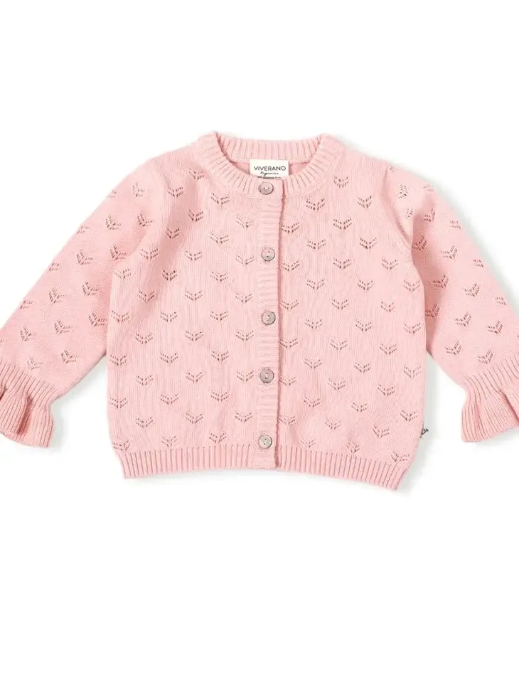 VIV Milan Pointelle Knit Ruffle Cardigan in Pink