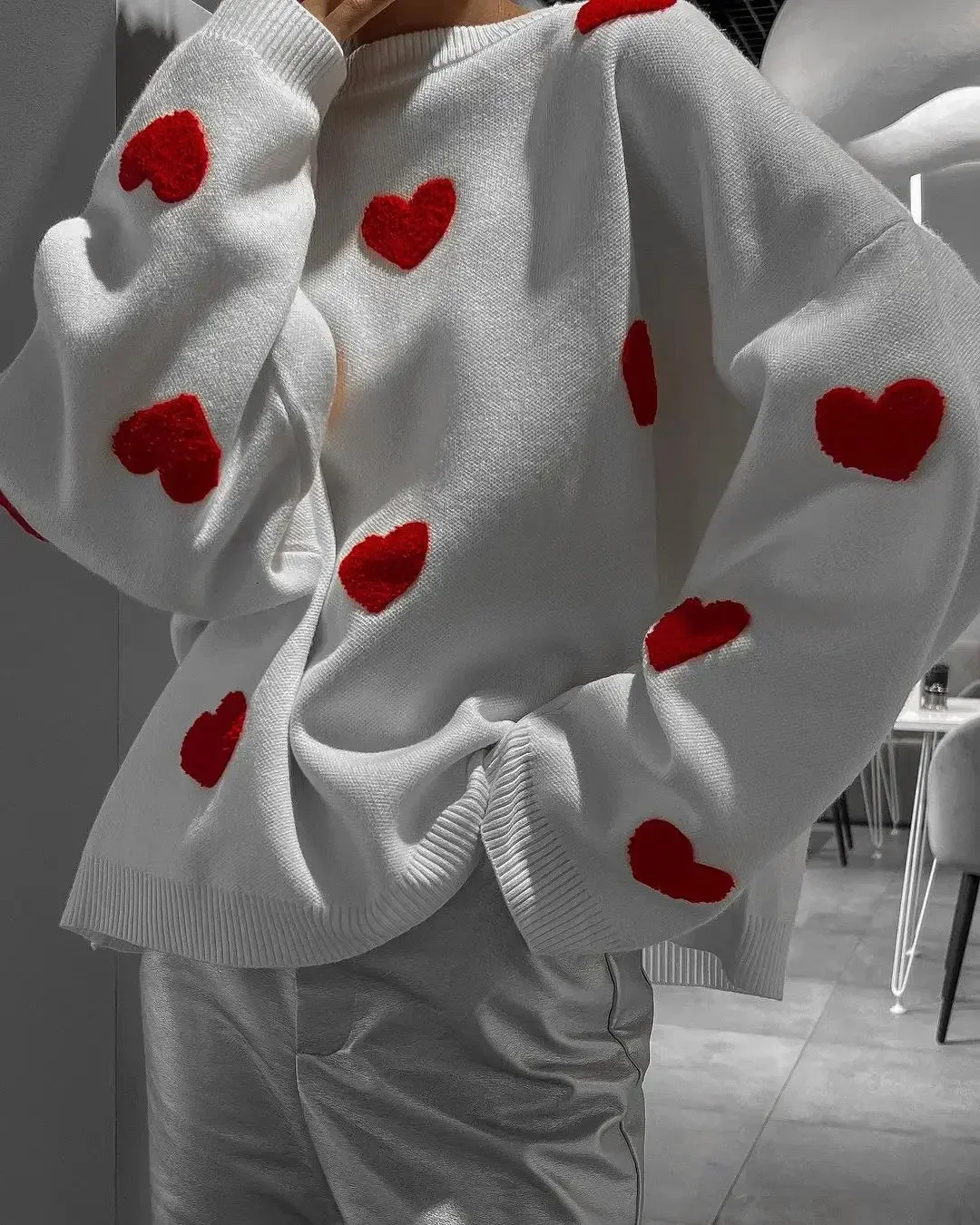 Wenkouban-Christmas Thanksgiving outfits_Autumnal Oversized Cozy Heart-printed Casual Comfortable Thickened Long Sleeve Warm Sweater