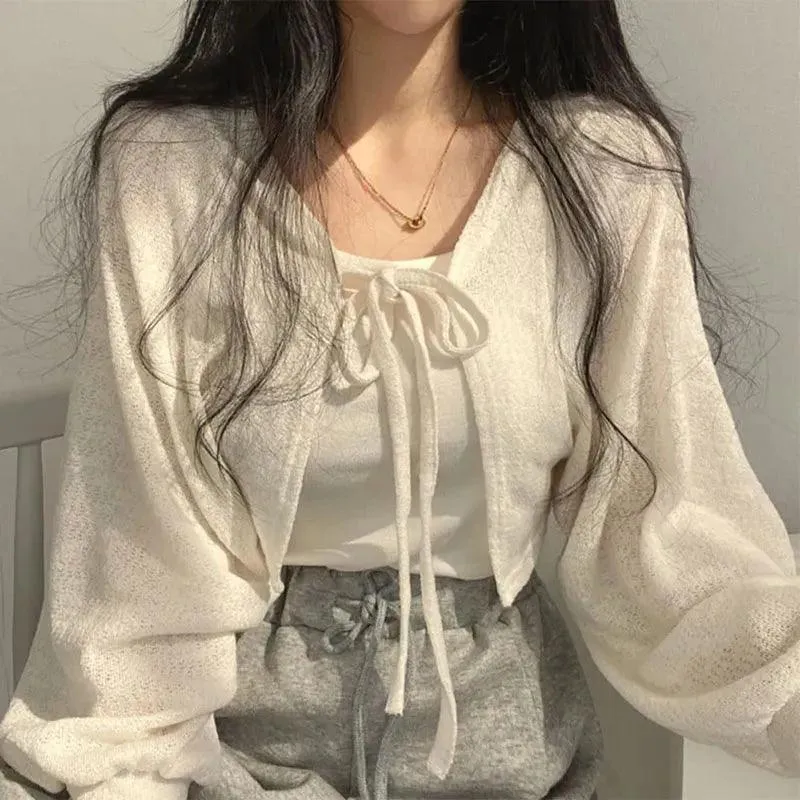 White Lace-Up Lantern Sleeve Cardigan: Korean Style Staple for Women