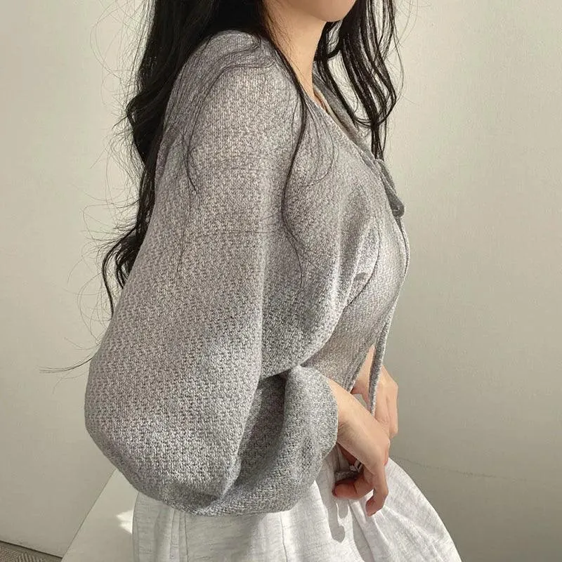 White Lace-Up Lantern Sleeve Cardigan: Korean Style Staple for Women