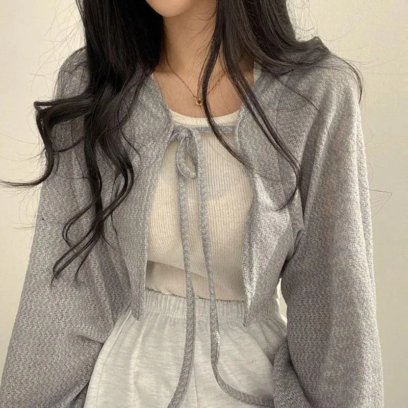 White Lace-Up Lantern Sleeve Cardigan: Korean Style Staple for Women