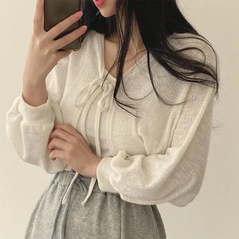 White Lace-Up Lantern Sleeve Cardigan: Korean Style Staple for Women