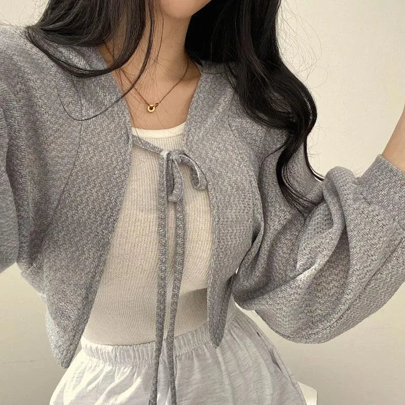 White Lace-Up Lantern Sleeve Cardigan: Korean Style Staple for Women