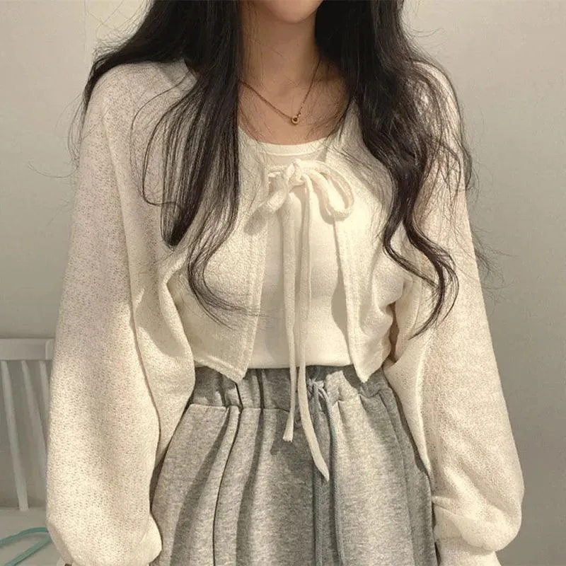 White Lace-Up Lantern Sleeve Cardigan: Korean Style Staple for Women