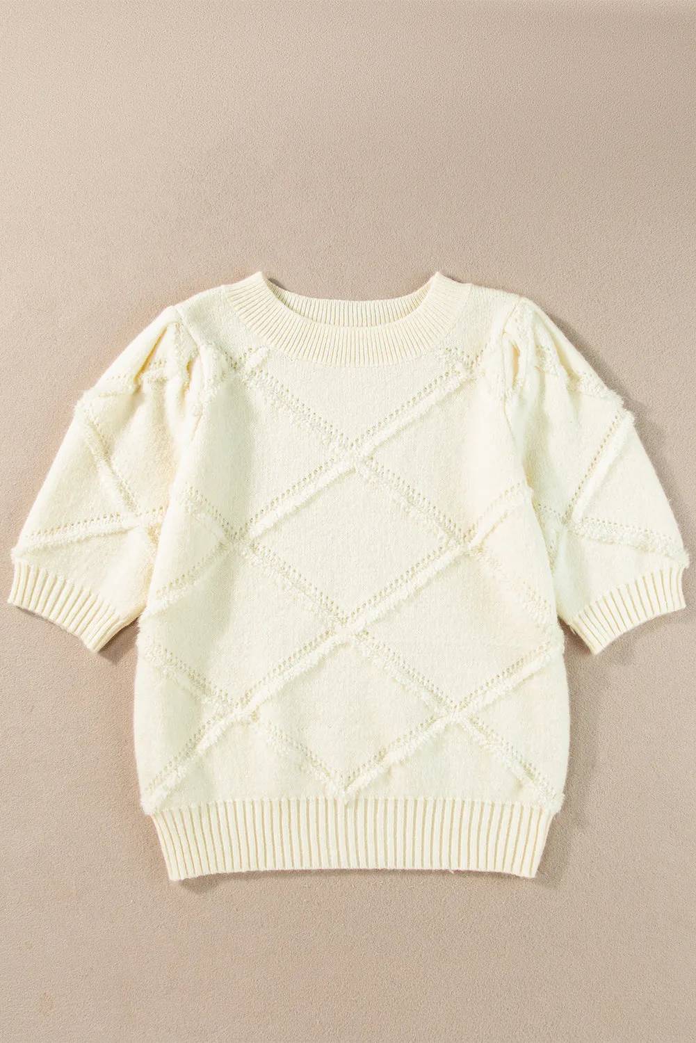 White Rhombus Pattern Ribbed Trim Short Sleeve Sweater