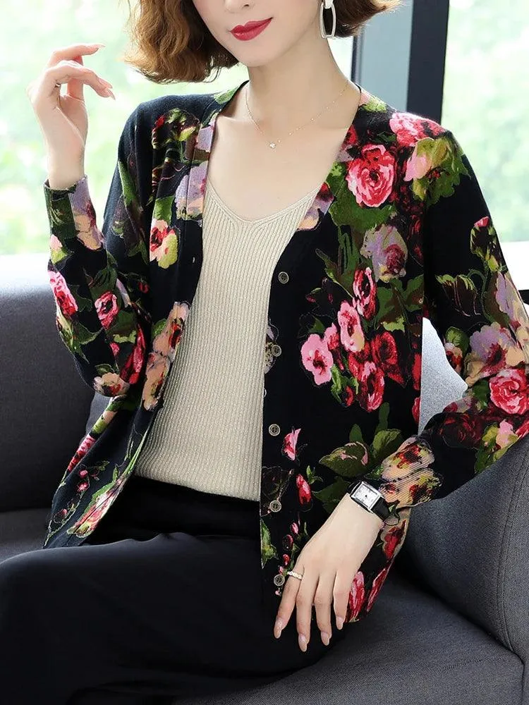 Women's Floral Print Cardigan - Casual Long Sleeve Knitwear, Single-Breasted, High Quality for Autumn