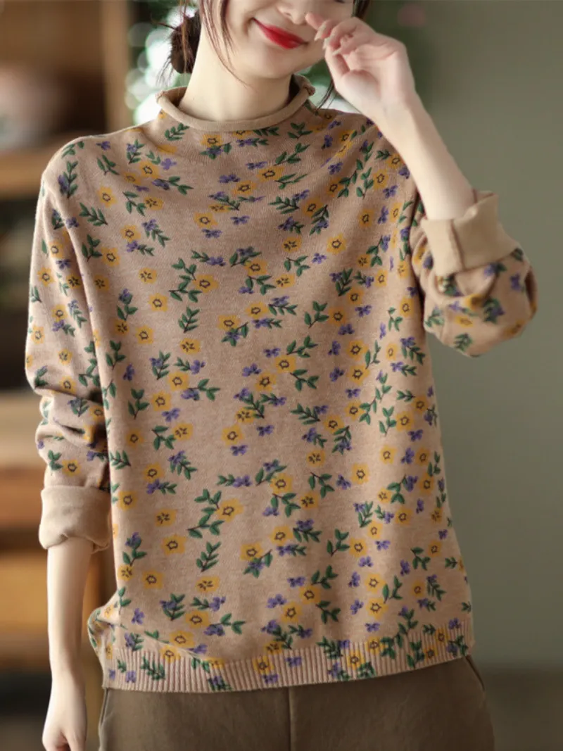 Women's Flower Printing Knitted top Female Pullover Loose Sweater Dress