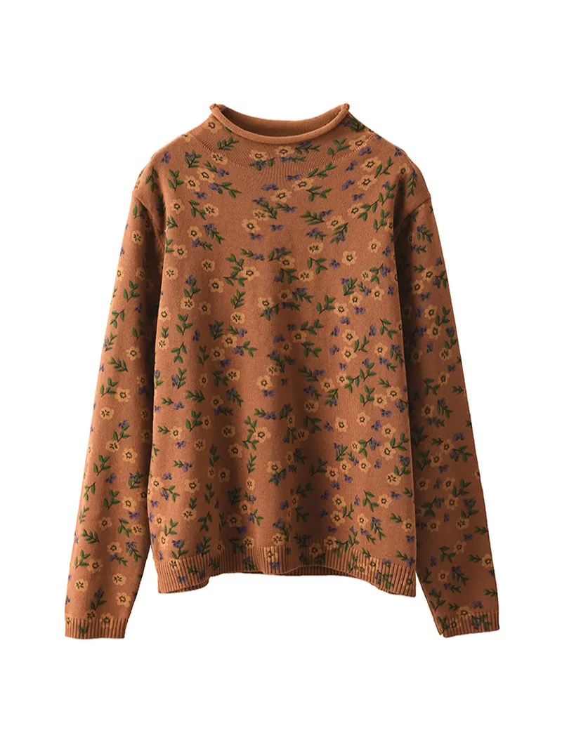 Women's Flower Printing Knitted top Female Pullover Loose Sweater Dress