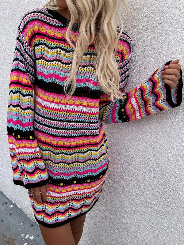 Women'S Rainbow Stripe Pullover Medium Length Sweater