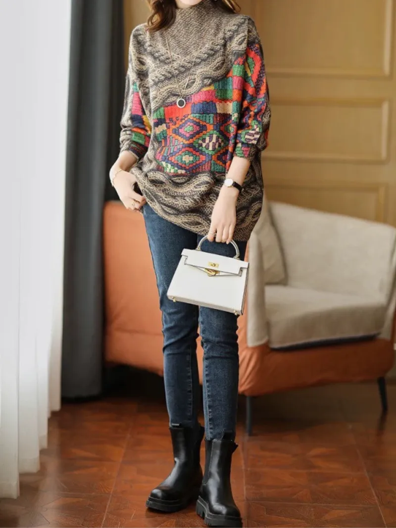 Women's Thickened Knitted Loose Half-High Collar Long-Sleeved Sweater