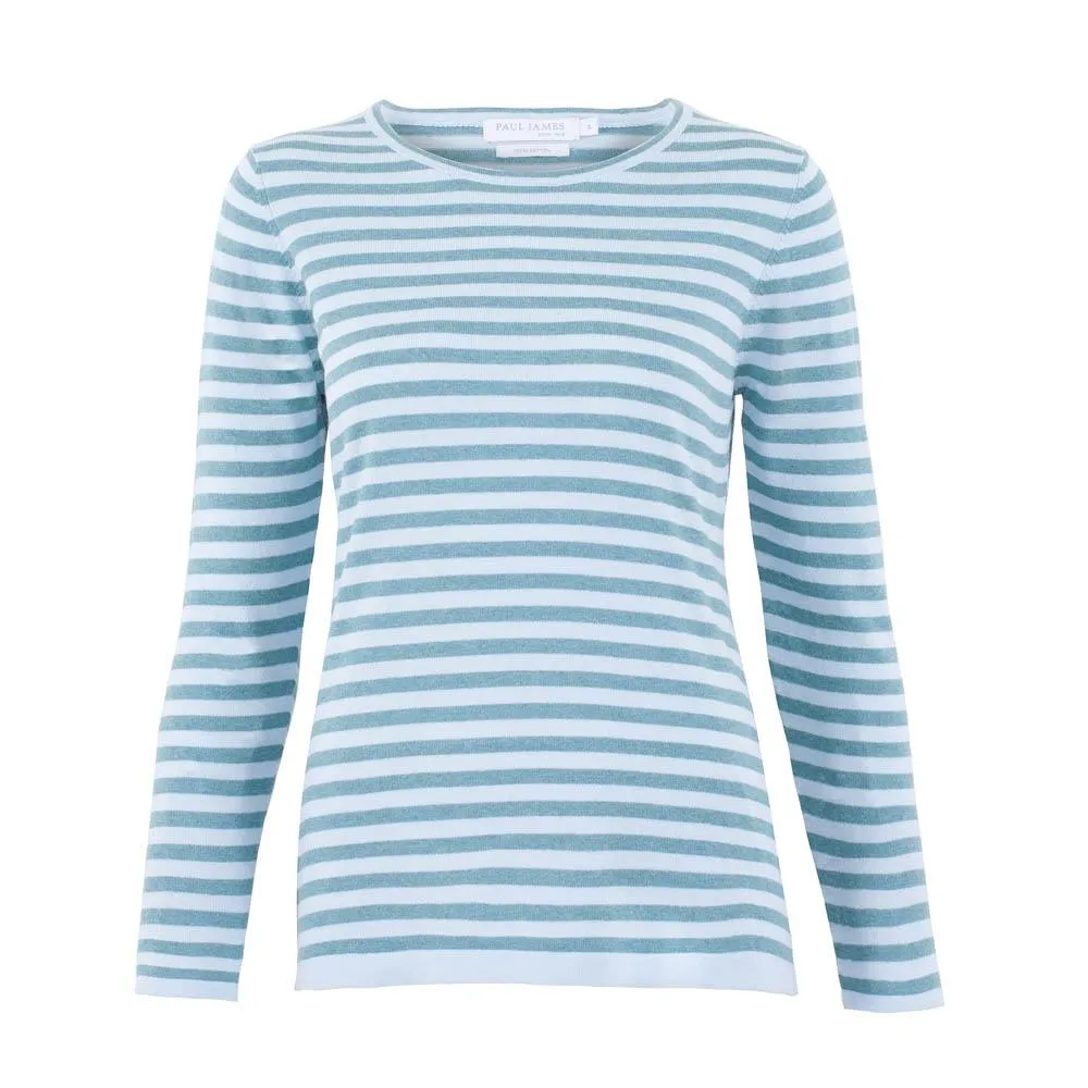 Womens Ultra Fine Cotton Round Neck Breton Stripe Jumper