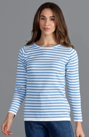 Womens Ultra Fine Cotton Round Neck Breton Stripe Jumper