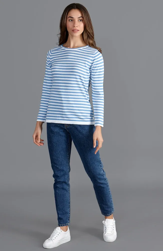 Womens Ultra Fine Cotton Round Neck Breton Stripe Jumper