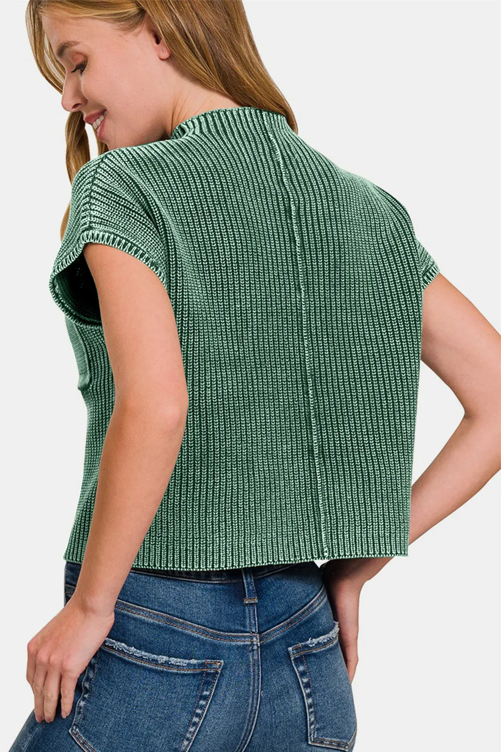 Zenana Washed Mock Neck Short Sleeve Cropped Sweater | Trendy & Versatile Women's Knitwear